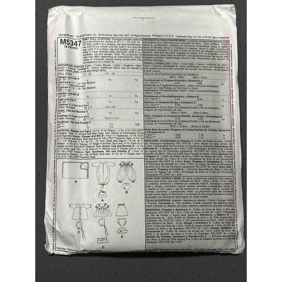 McCalls Crafts M5347 Doll Clothes Sewing Pattern For 15" Baby Dolls - Picture 3 of 3